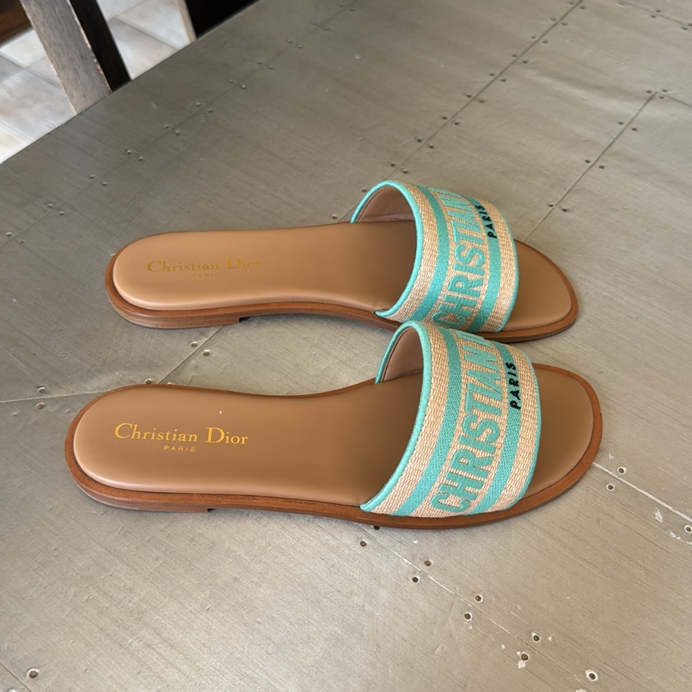 Christian Dior dway slide sandal flat aquamarine logo canvas leather sz 38.5 - Picture 2 of 9